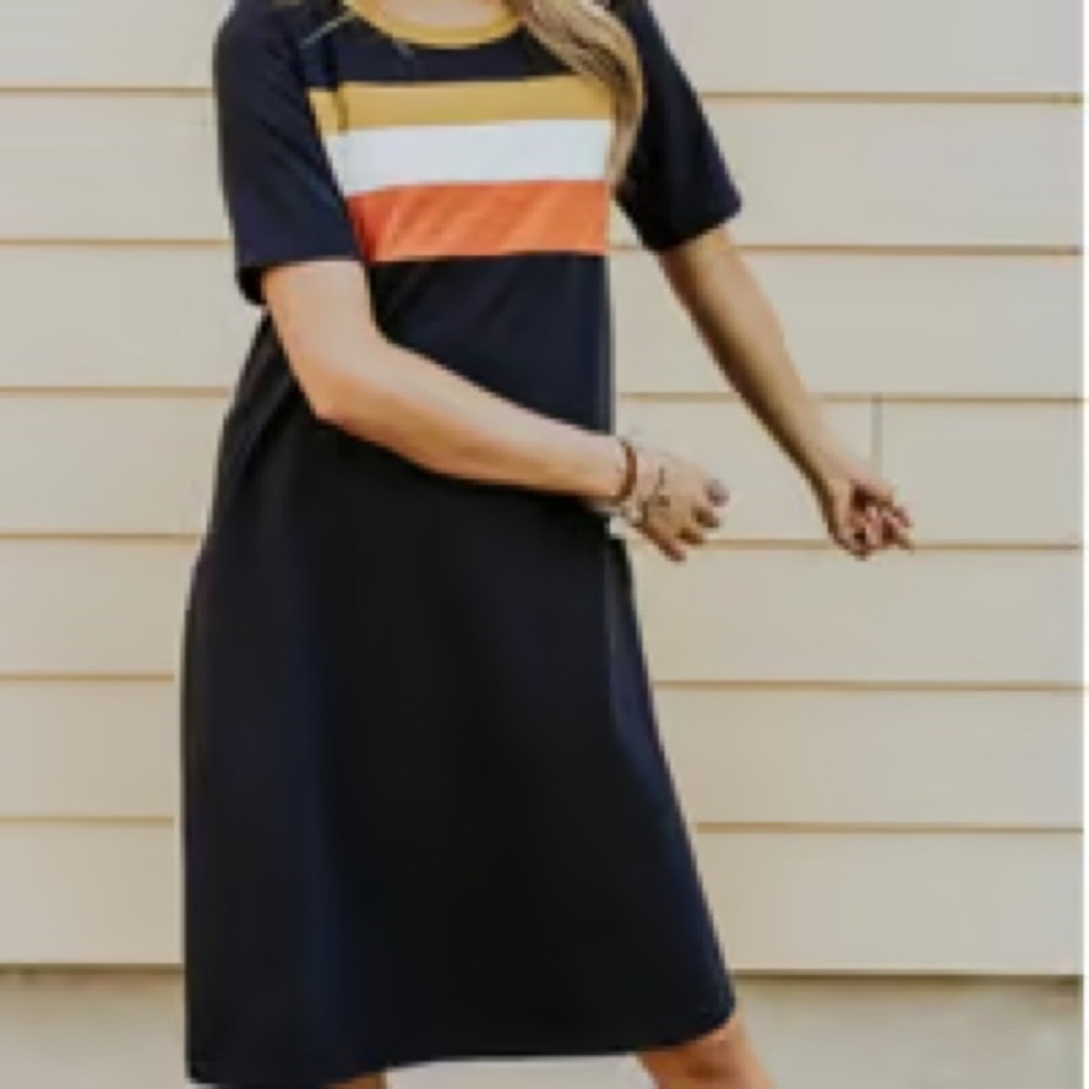 Roolee Black Dress with Mustard, White & Orange Stripe